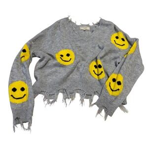 No Comment Smiley Face Sweater‎ Distressed Hem Pullover Knit Top XL